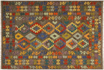 Flat Weave Kilim, Antique, Navaho, Vintage, Handmade, Geometric Kilim Brown Blue Hand-Woven Rectangle 100% Wool Area Rug 6 x 8